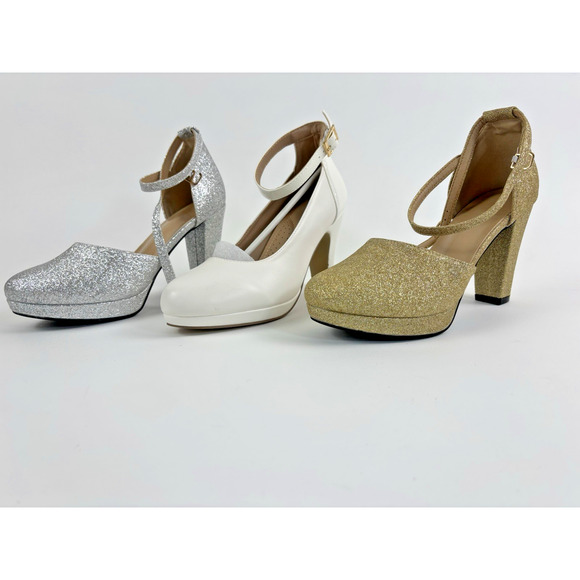 Lot of 3 Pairs of Block Heel Shoes Size 6.5 for Women Shiny Gold & Silver - Picture 1 of 10